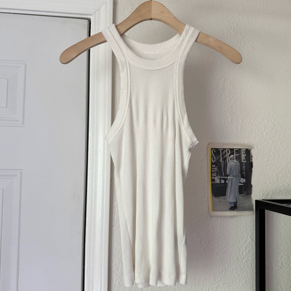 WSLY white rib ribbed knit soft stretchy racer crew cropped tank top